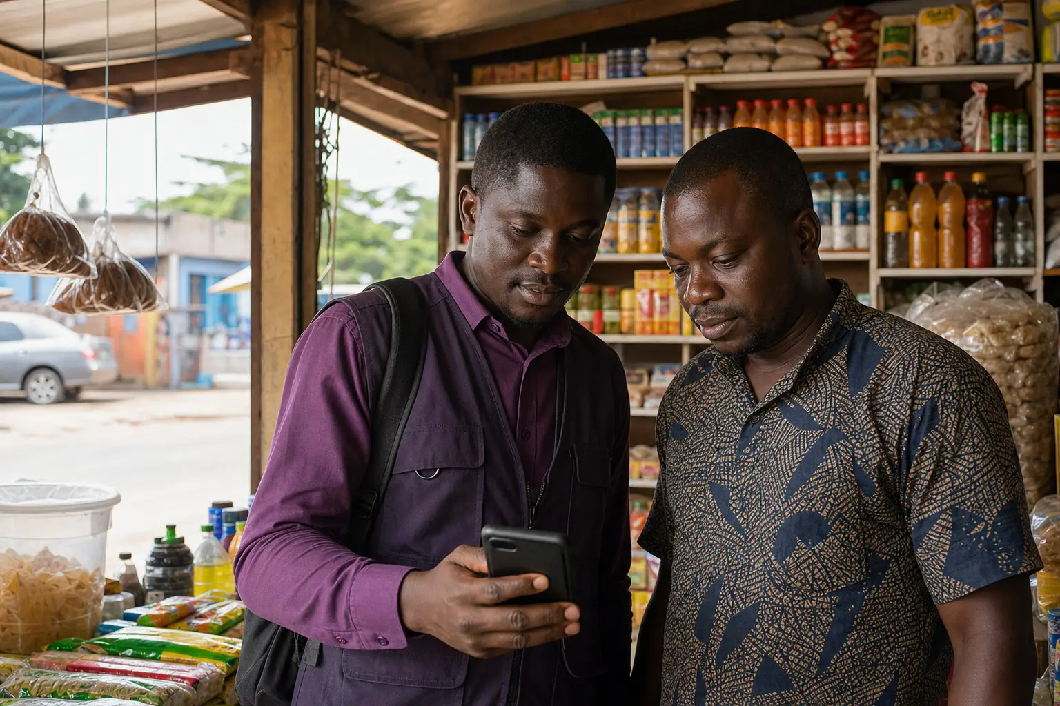 Un agent terrain et un responsable de point de vente consultent ensemble une visite sur un téléphone